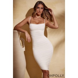 Oh Polly tops - Ruched Cowl Neck Midi Dress in Ivory